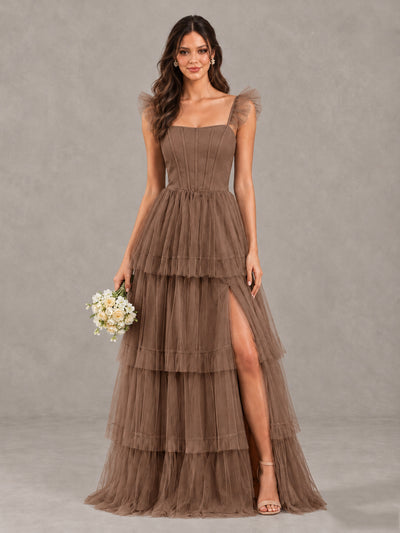 BOLODOO Mocha Tiered Tulle Bridesmaid Dress with Slit - Mocha - Mocha (1)