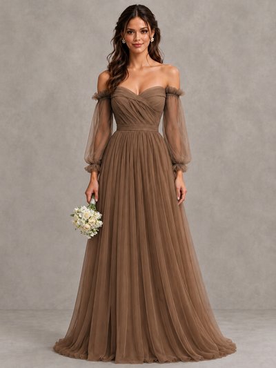 BOLODOO Mocha Off-the-Shoulder Long Sleeve A-Line Bridesmaid Dress - Mocha - Mocha (1)