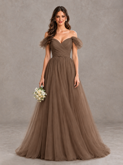 BOLODOO Mocha Off-the-Shoulder Ruffle Sleeve A-Line Bridesmaid Dress - Mocha - Mocha (1)