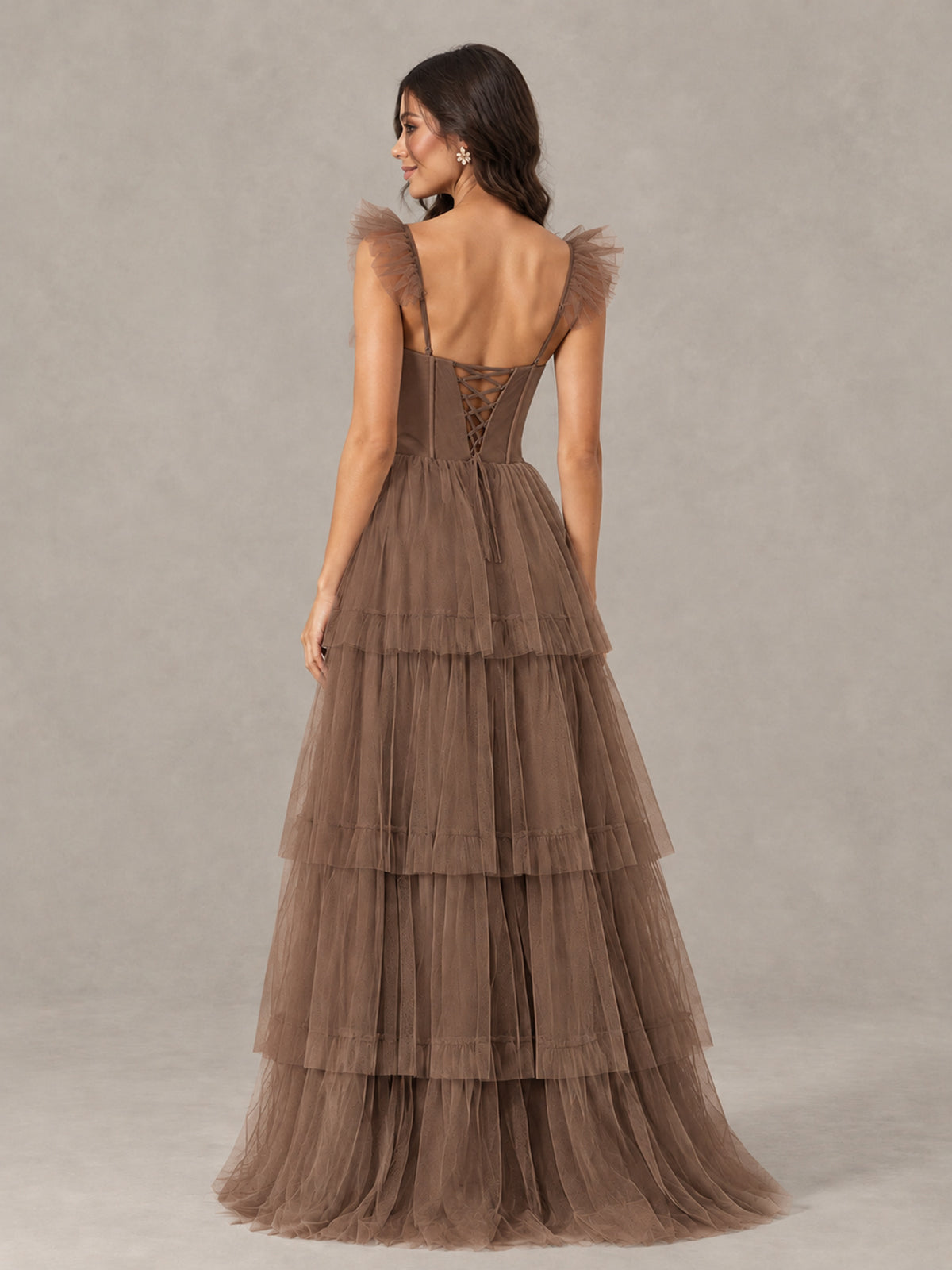 BOLODOO Mocha Tiered Tulle Bridesmaid Dress with Slit - Mocha - Mocha (2)