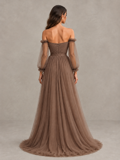 BOLODOO Mocha Off-the-Shoulder Long Sleeve A-Line Bridesmaid Dress - Mocha - Mocha (2)