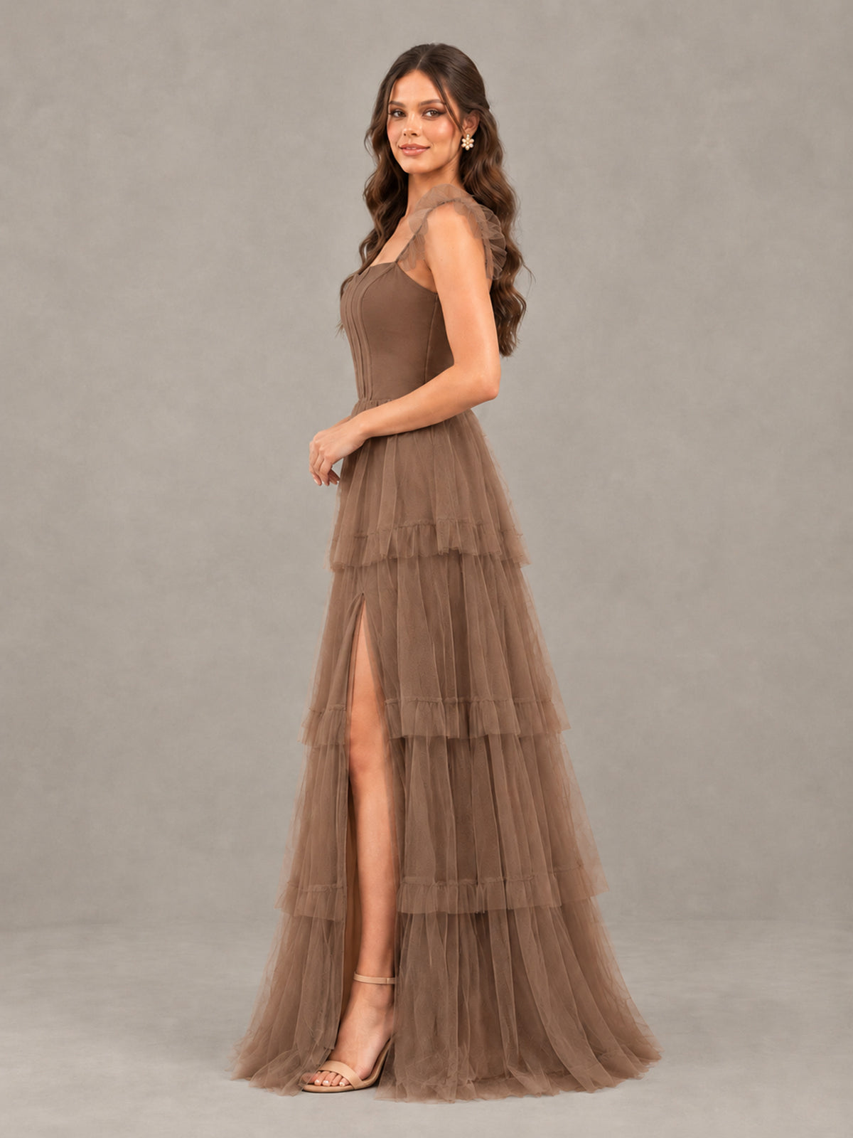 BOLODOO Mocha Tiered Tulle Bridesmaid Dress with Slit - Mocha - Mocha (3)