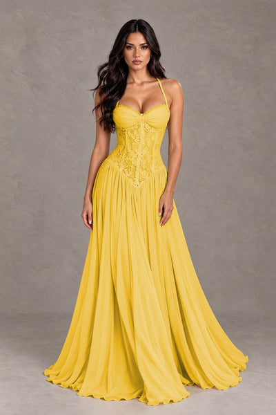 BOLODOO Mustard Yellow Lace Corset Halter Maxi Gown – Backless A-Line Formal Dress 