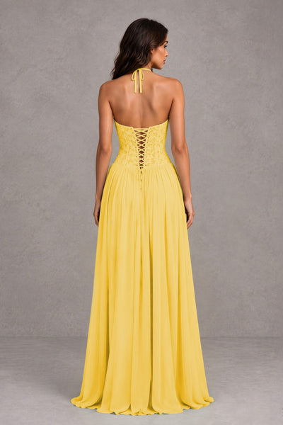 BOLODOO Mustard Yellow Lace Corset Halter Maxi Gown – Backless A-Line Formal Dress 