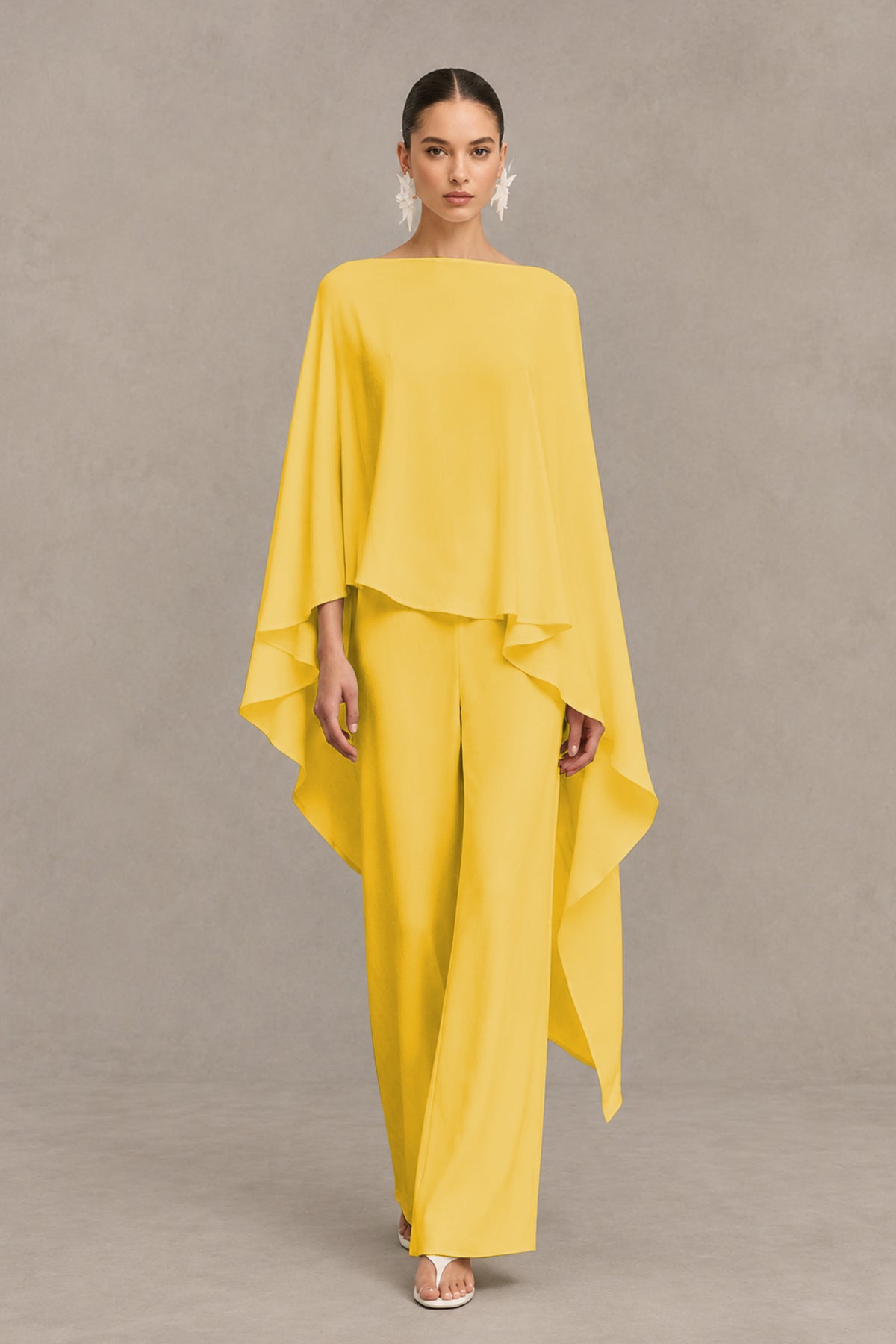 BOLODOO Mustard Yellow Cape Sleeve Wide-Leg Formal Pantsuit - Mustard Yellow - Mustard Yellow_01