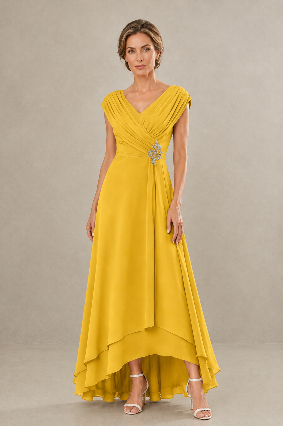 BOLODOO Mustard Yellow V-Neck High-Low Mother of the Bride Dress - Mustard Yellow - Mustard Yellow_01
