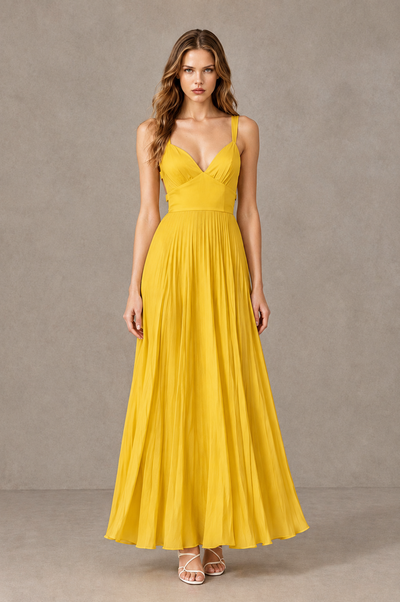 BOLODOO Mustard Yellow V-Neck Pleated Open-Back Maxi Dress - Mustard Yellow - Mustard Yellow_01