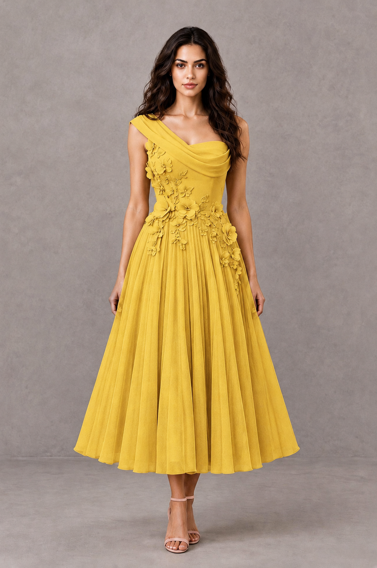 BOLODOO Mustard Yellow One-Shoulder Floral Tulle Tea-Length Dress - Mustard Yellow - Mustard Yellow_01
