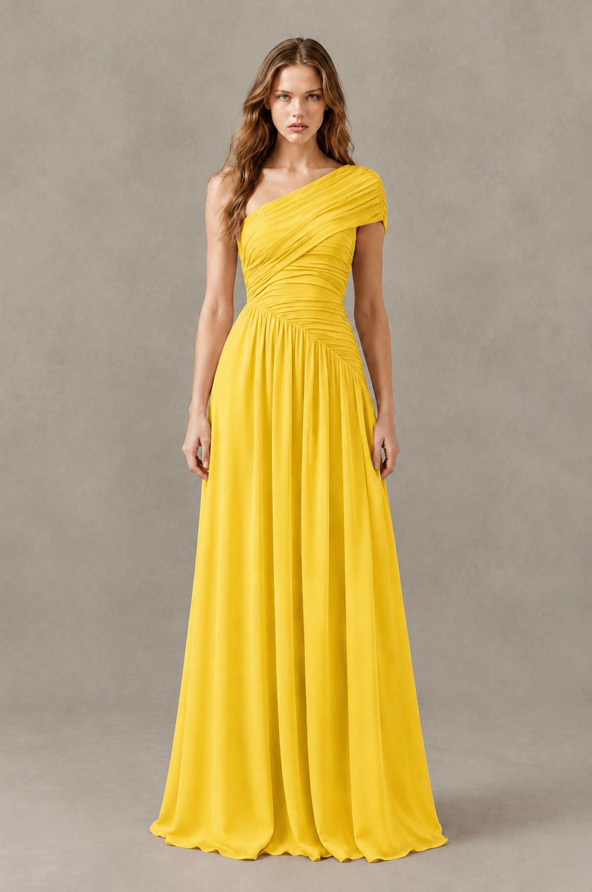 BOLODOO Mustard Yellow One-Shoulder Ruched Floor-Length Bridesmaid Dress - Mustard Yellow - Mustard Yellow_01