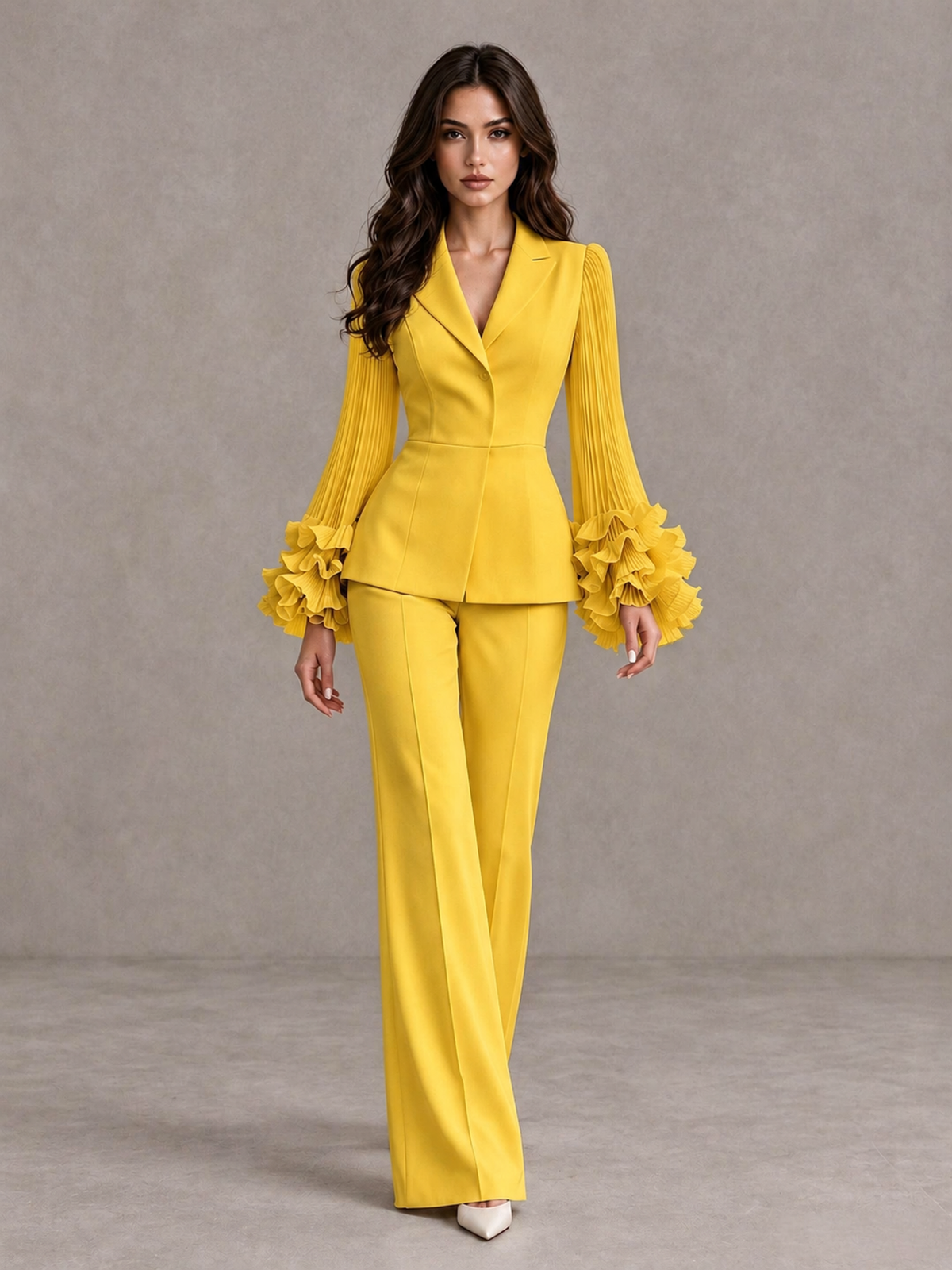 BOLODOO Mustard Yellow Mother of the Bride Pant Suit – Pleated Long Sleeve Ruffle Cuff Wide Leg Trouser Suit - Mustard Yellow - Mustard Yellow_01