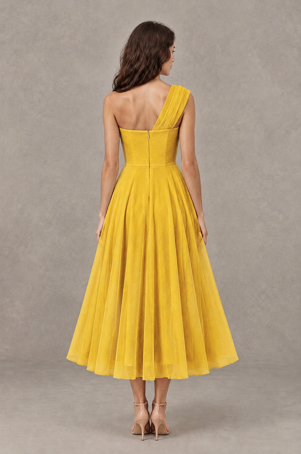 BOLODOO Mustard Yellow One-Shoulder Floral Tulle Tea-Length Dress - Mustard Yellow - Mustard Yellow_02