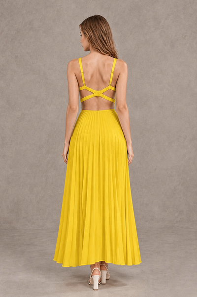 BOLODOO Mustard Yellow V-Neck Pleated Open-Back Maxi Dress - Mustard Yellow - Mustard Yellow_02