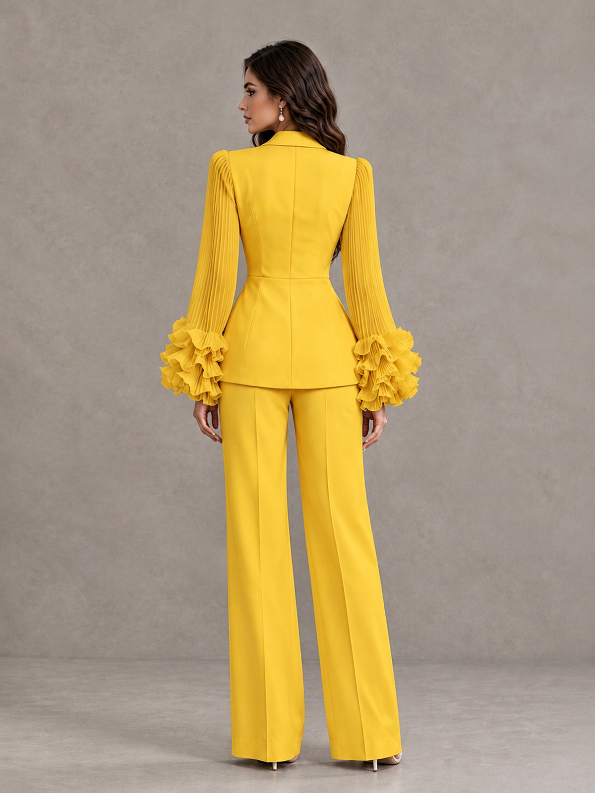BOLODOO Mustard Yellow Mother of the Bride Pant Suit – Pleated Long Sleeve Ruffle Cuff Wide Leg Trouser Suit - Mustard Yellow - Mustard Yellow_02