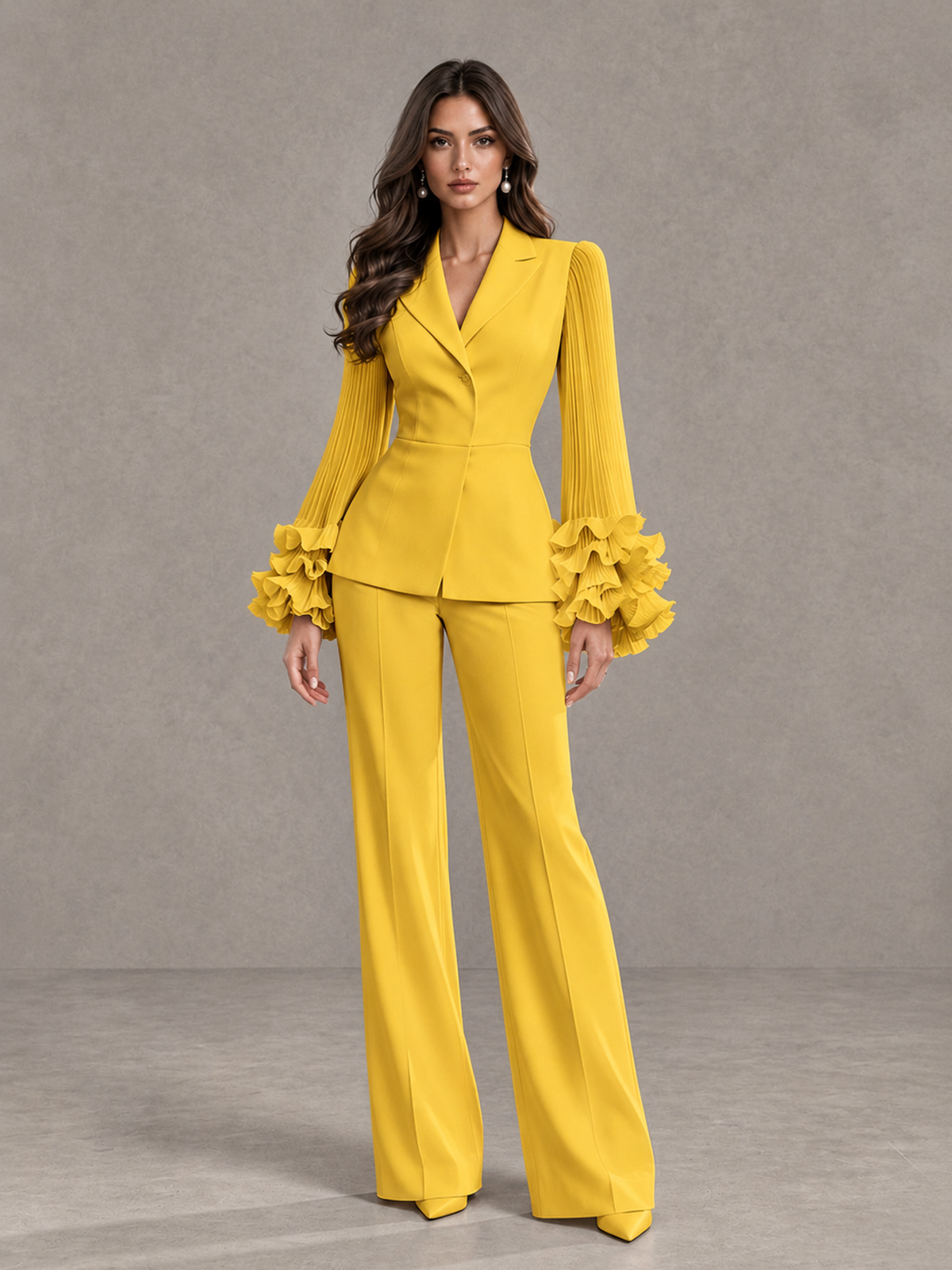 BOLODOO Mustard Yellow Mother of the Bride Pant Suit – Pleated Long Sleeve Ruffle Cuff Wide Leg Trouser Suit - Mustard Yellow - Mustard Yellow_03