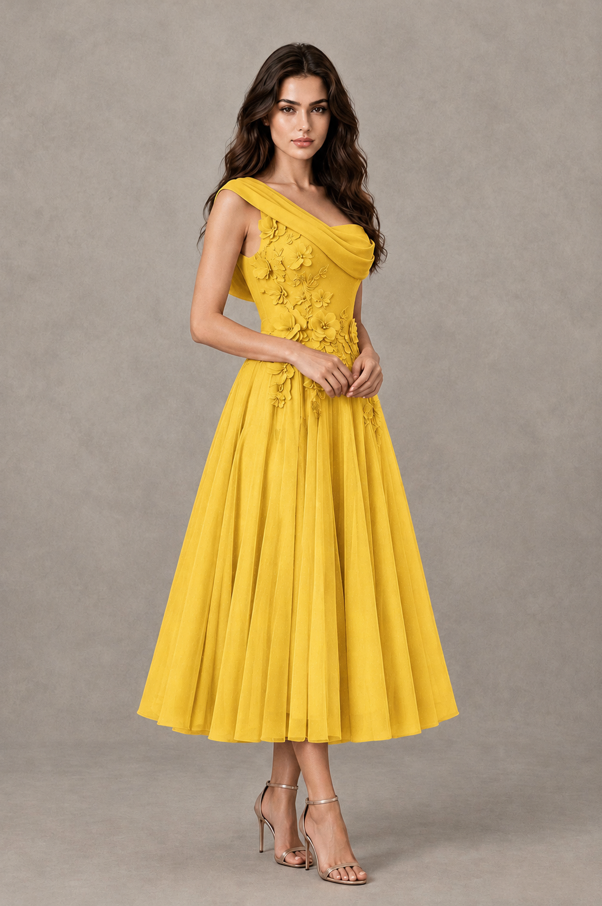 BOLODOO Mustard Yellow One-Shoulder Floral Tulle Tea-Length Dress - Mustard Yellow - Mustard Yellow_03