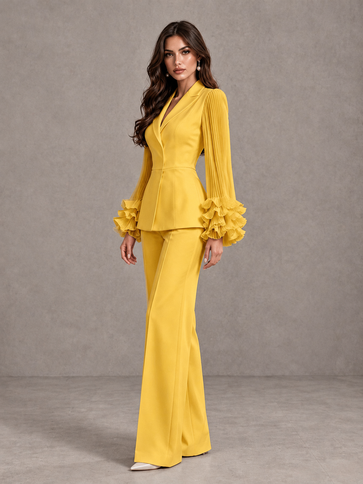 BOLODOO Mustard Yellow Mother of the Bride Pant Suit – Pleated Long Sleeve Ruffle Cuff Wide Leg Trouser Suit - Mustard Yellow - Mustard Yellow_04
