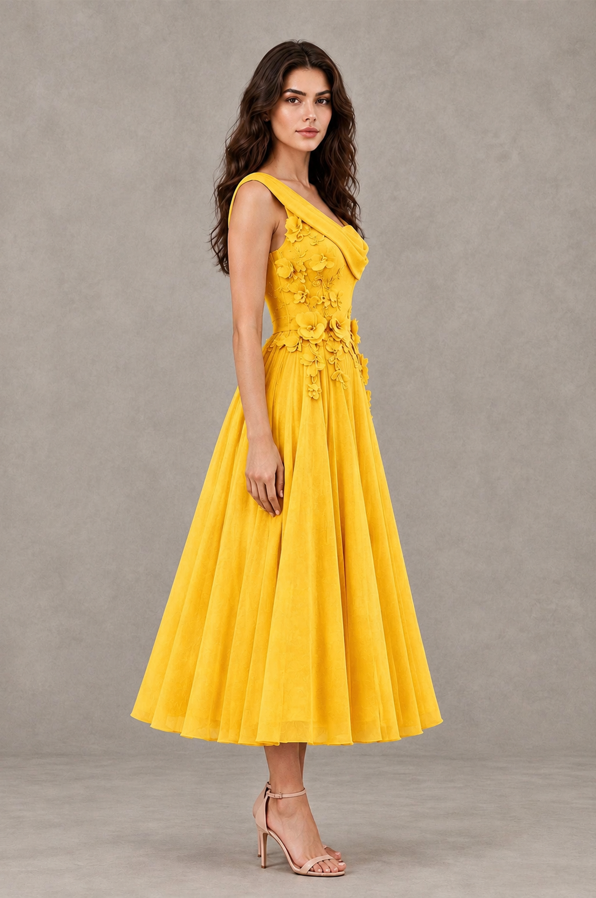 BOLODOO Mustard Yellow One-Shoulder Floral Tulle Tea-Length Dress - Mustard Yellow - Mustard Yellow_04