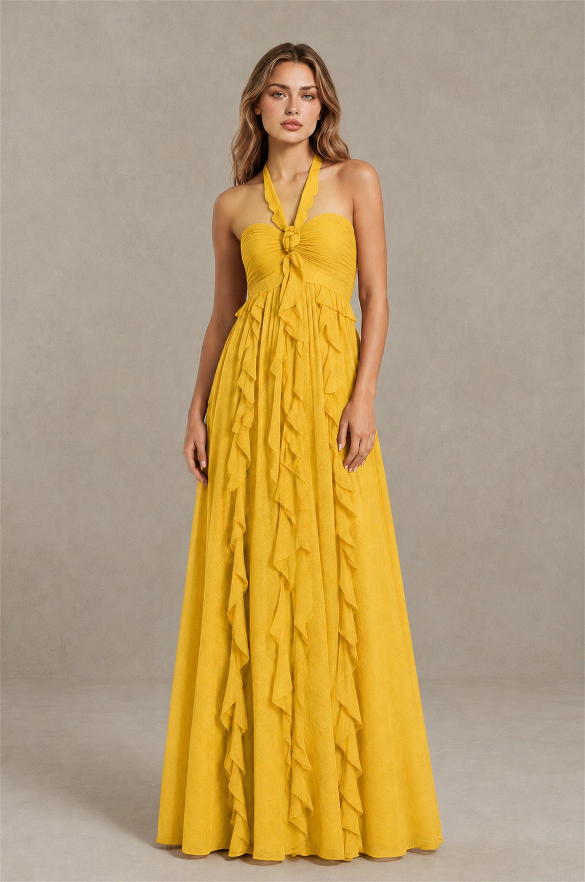 BOLODOO Mustard Yellow Halter Ruffle A-Line Floor-Length Evening Dress - Mustard Yellow - Mustard_Yellow_1