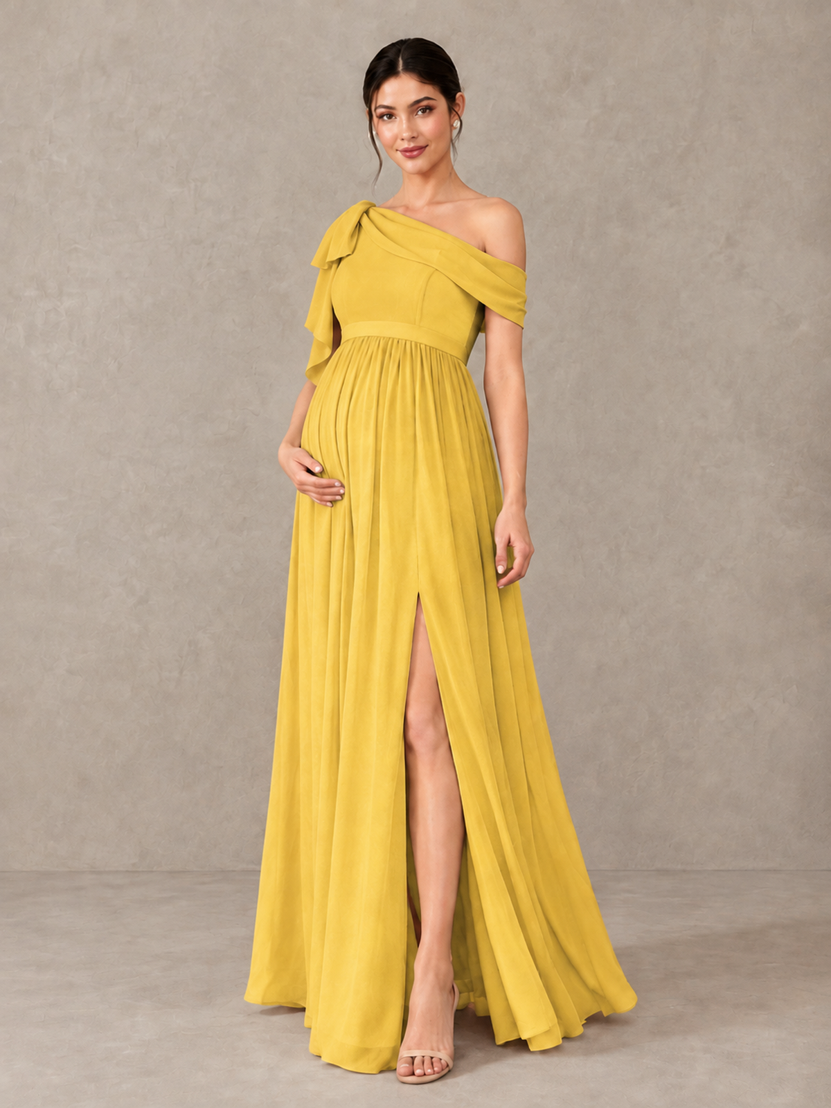 BOLODOO Mustard Yellow One-Shoulder Maternity Bridesmaid Dress with Slit - Mustard Yellow - Mustard_Yellow_1