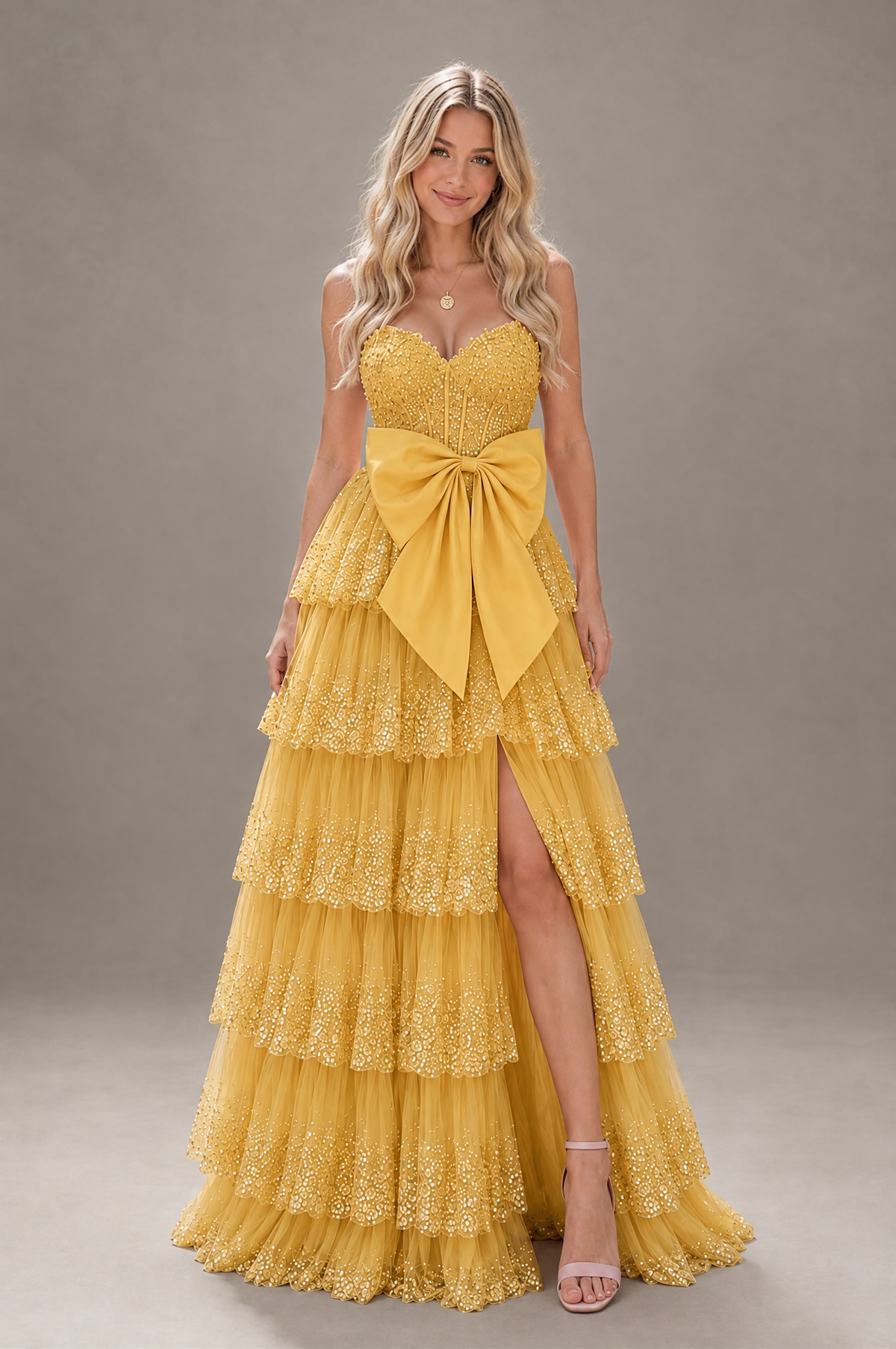 BOLODOO Mustard Yellow Strapless Tiered Tulle Prom Dress with Bow - Mustard Yellow - Mustard_Yellow_1