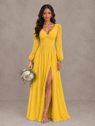 BOLODOO Mustard Yellow V-Neck Long Sleeve Bridesmaid Dress with Tie Back and Slit - Mustard Yellow - Mustard Yellow_1