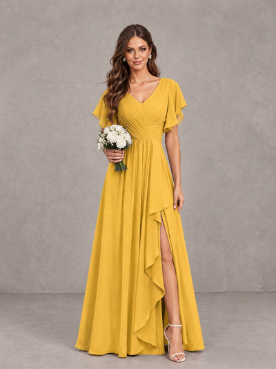 BOLODOO Mustard Yellow Flutter Sleeve V-Neck Bridesmaid Dress with Ruffle Slit - Mustard Yellow - Mustard Yellow_1