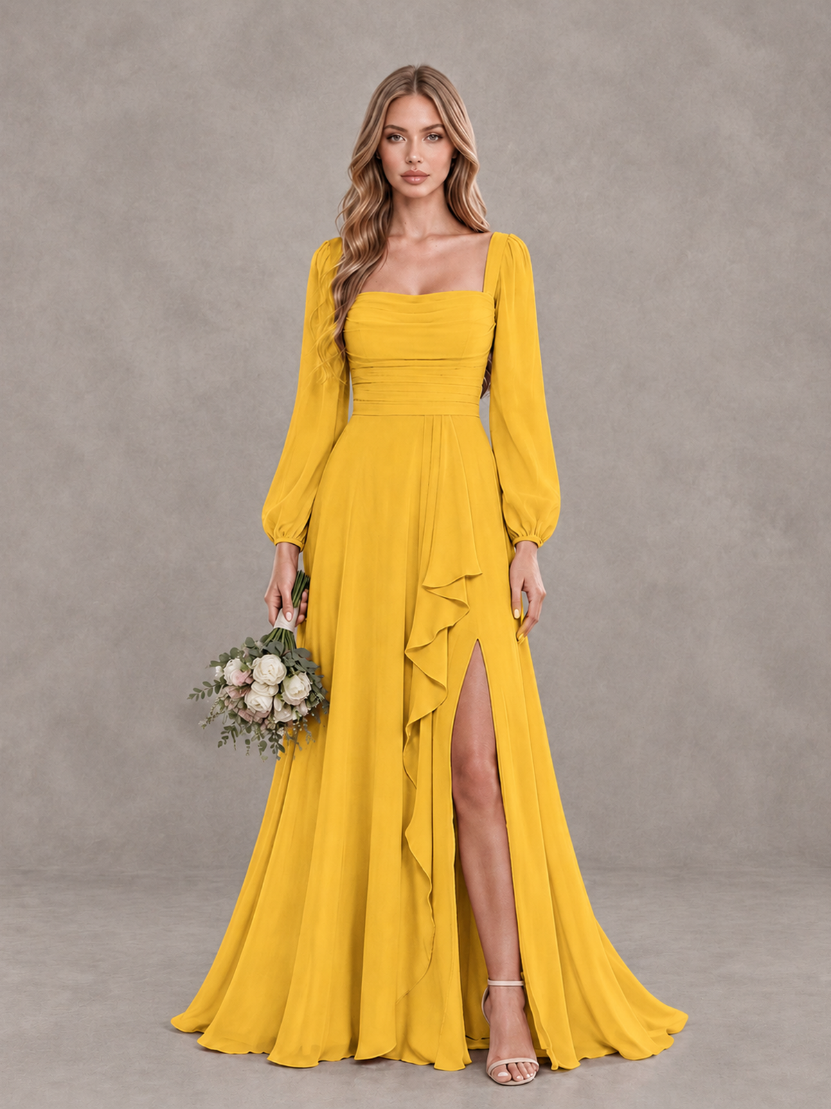 BOLODOO Mustard Yellow Square Neck Long Sleeve Bridesmaid Dress with Ruffle Slit - Mustard Yellow - Mustard Yellow_1