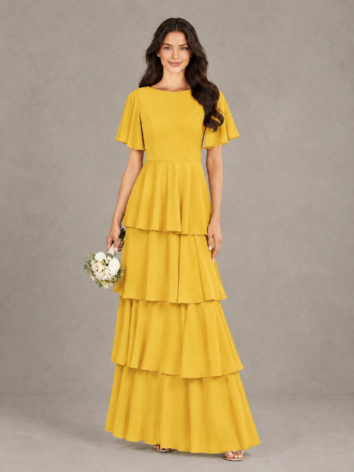 BOLODOO Mustard Yellow Tiered Flutter Sleeve Bridesmaid Dress - Mustard Yellow - Mustard Yellow_1
