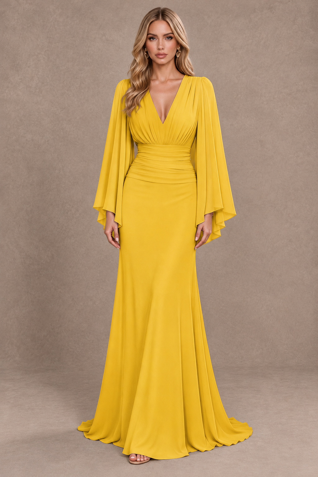 BOLODOO Mustard Yellow Cape Sleeve V-Neck Ruched Chiffon Evening Dress - Mustard Yellow - Mustard_Yellow_1
