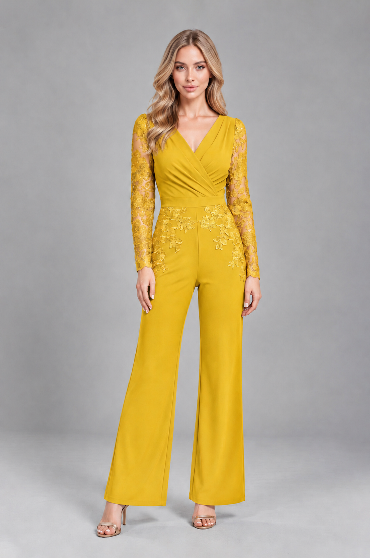 BOLODOO Mustard Yellow Lace Long-Sleeve V-Neck Mother Pant Suit - Mustard Yellow - Mustard Yellow_1