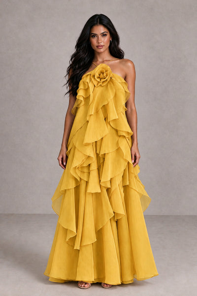 BOLODOO Mustard Yellow Cascading Ruffle Rosette Open-Back Maxi Dress - Mustard Yellow - Mustard Yellow_1