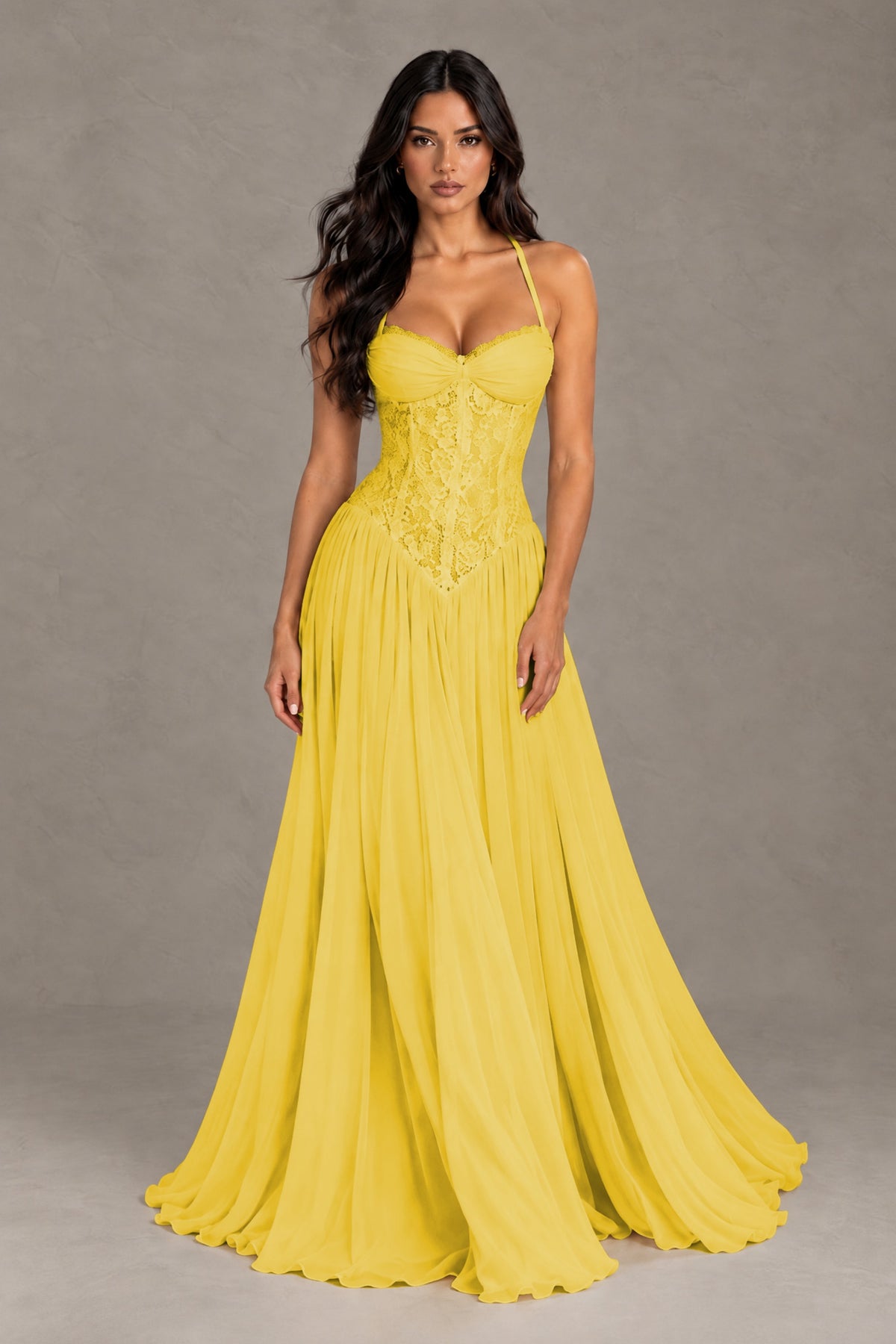 BOLODOO Mustard Yellow Lace Corset Halter Maxi Gown – Backless A-Line Formal Dress - Mustard Yellow - Mustard Yellow(1)
