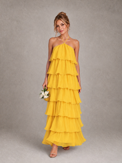 BOLODOO Mustard Yellow Halter Tiered Ruffle Maxi Bridesmaid Dress - Mustard Yellow - Mustard Yellow_1