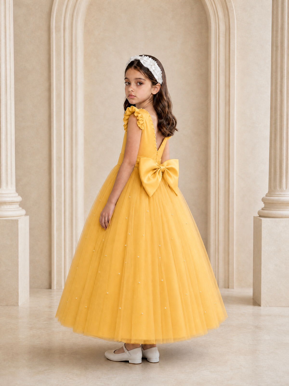 BOLODOO Mustard Yellow Tulle Flower Girl Dress with Ruffle Sleeves & Bow Back - Mustard Yellow - Mustard_Yellow_1
