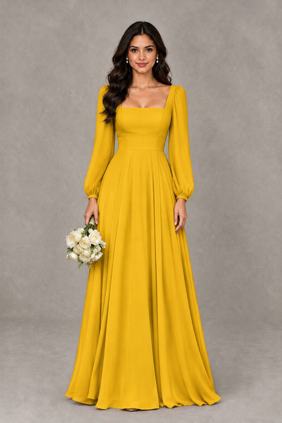 BOLODOO Mustard Yellow Square Neck Long Sleeve A-Line Bridesmaid Dress - Mustard Yellow - Mustard Yellow_1