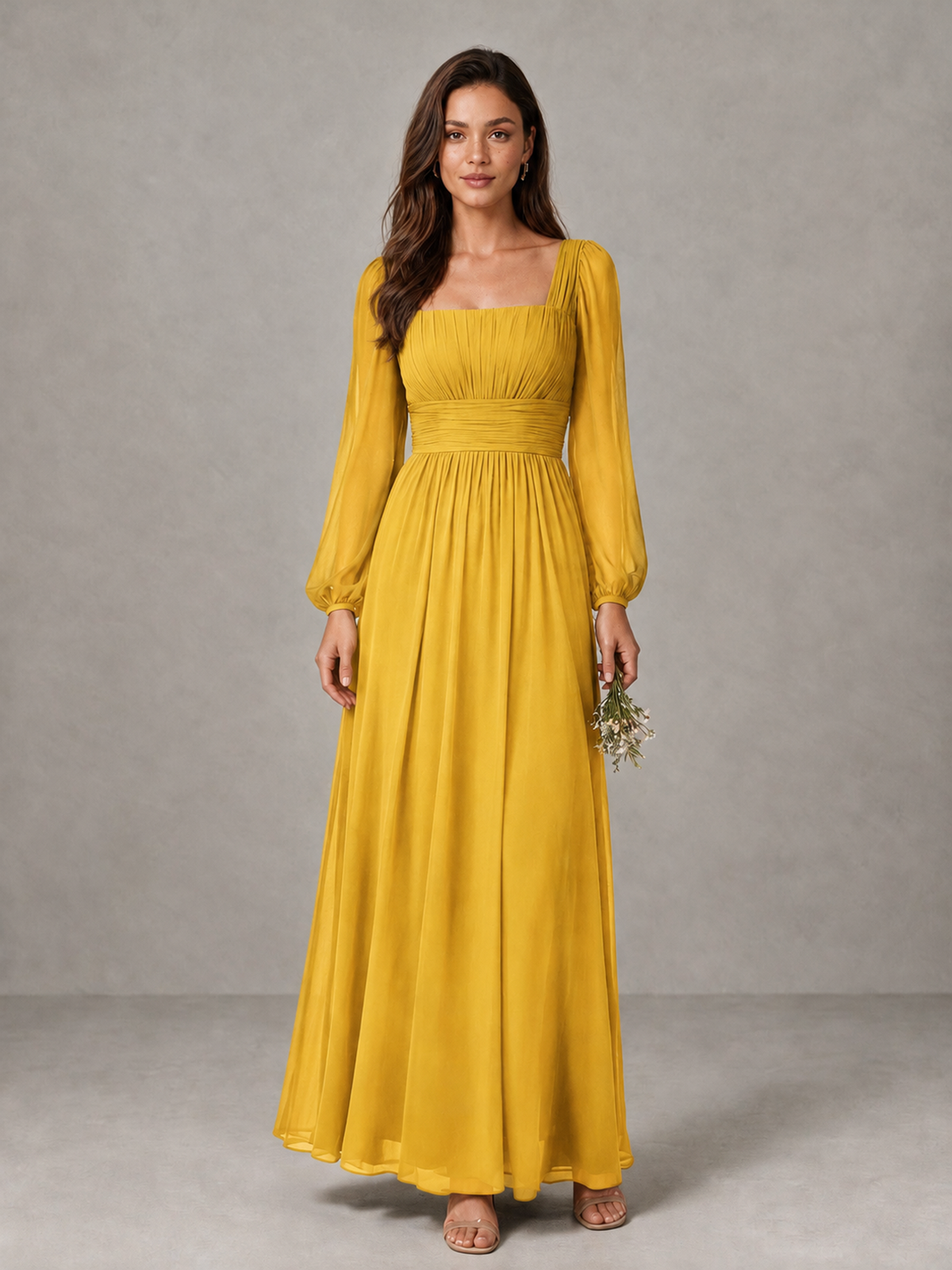BOLODOO Mustard Yellow Square Neck Long Sleeve Chiffon Bridesmaid Dress - Mustard Yellow - Mustard Yellow_1
