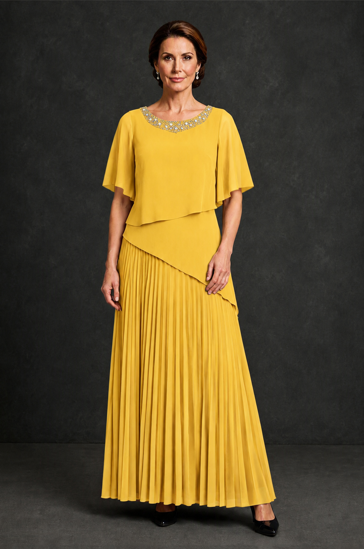 BOLODOO Mustard Yellow Pearl Beaded Neck Asymmetric Tiered Flutter Sleeve Pleated Chiffon Maxi Dress - Mustard Yellow - Mustard_Yellow_1