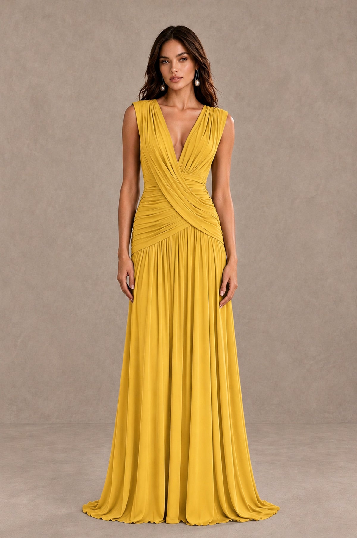 BOLODOO Mustard Yellow V-Neck Ruched Wedding Guest Dress - Mustard Yellow - Mustard Yellow_1