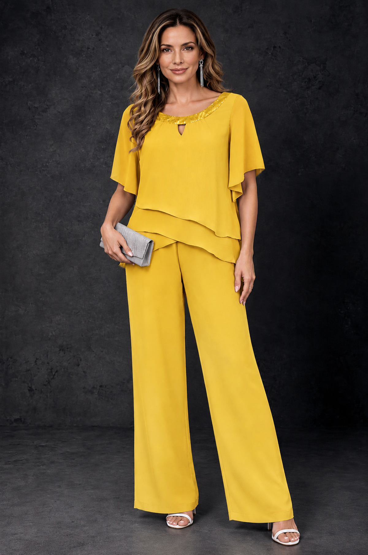 BOLODOO Mustard Yellow Layered Chiffon-Look Mother of the Bride Pantsuit - Mustard Yellow - Mustard_Yellow_1