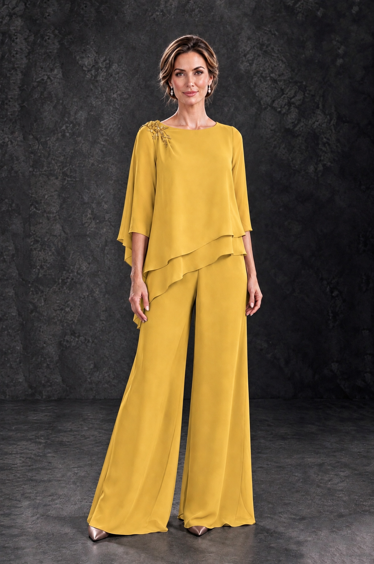 BOLODOO Mustard Yellow Layered Wide-Leg Mother of the Bride Pant Suit - Mustard Yellow - Mustard Yellow_1