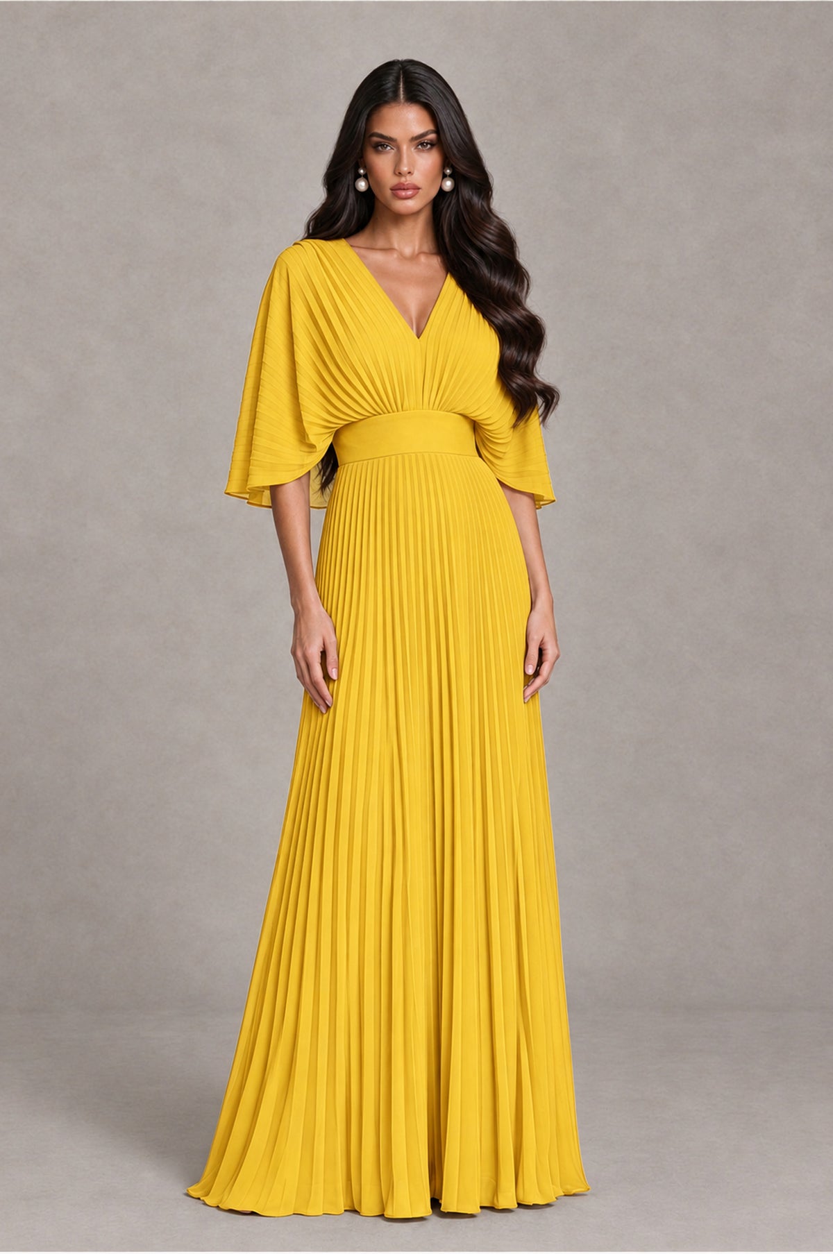 BOLODOO Mustard Yellow V-Neck Pleated Flutter Sleeve Formal Dress - Mustard Yellow - Mustard Yellow_1