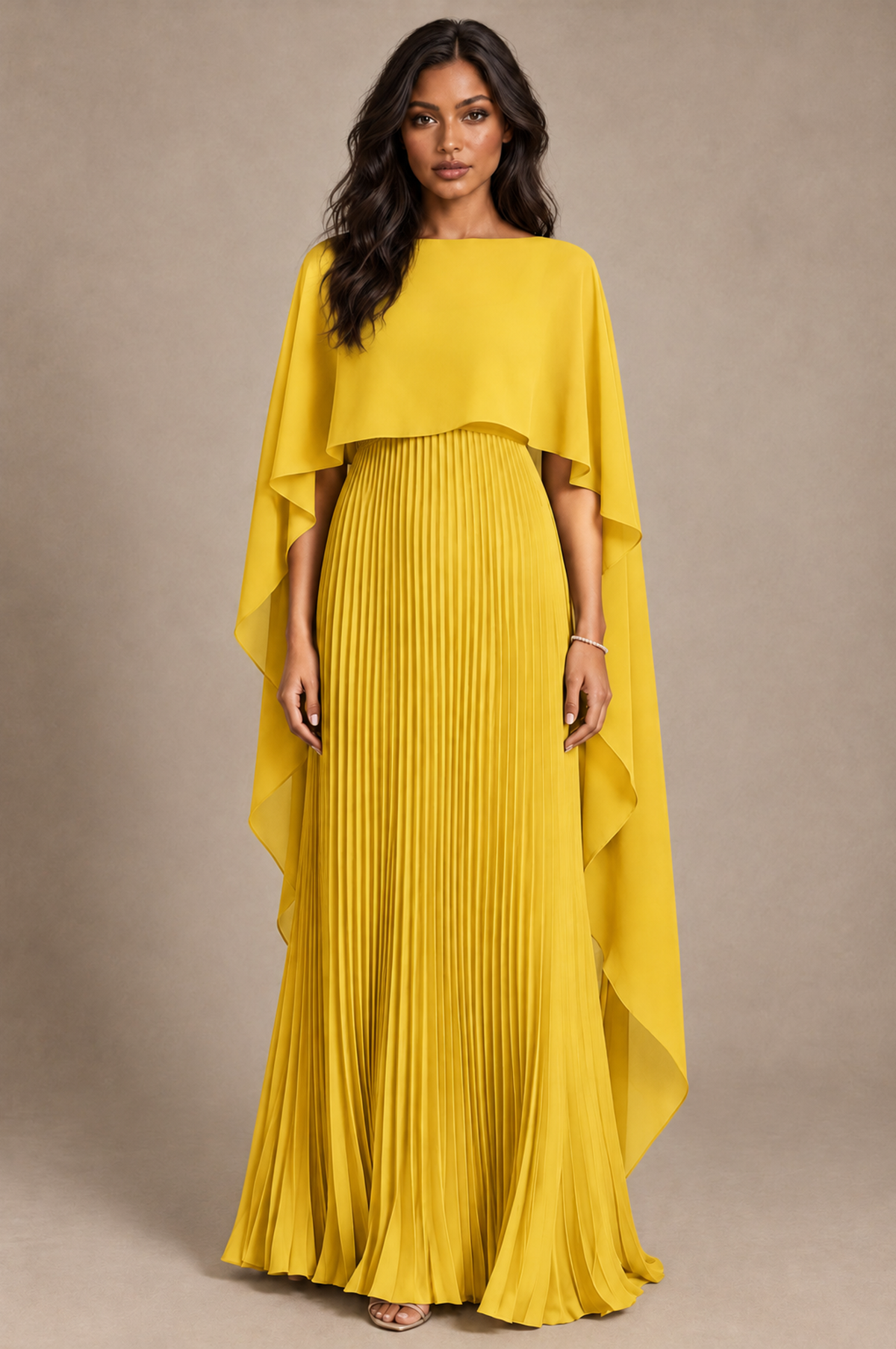 BOLODOO Mustard Yellow Pleated Cape A-Line Evening Dress - Mustard Yellow - Mustard_Yellow_1