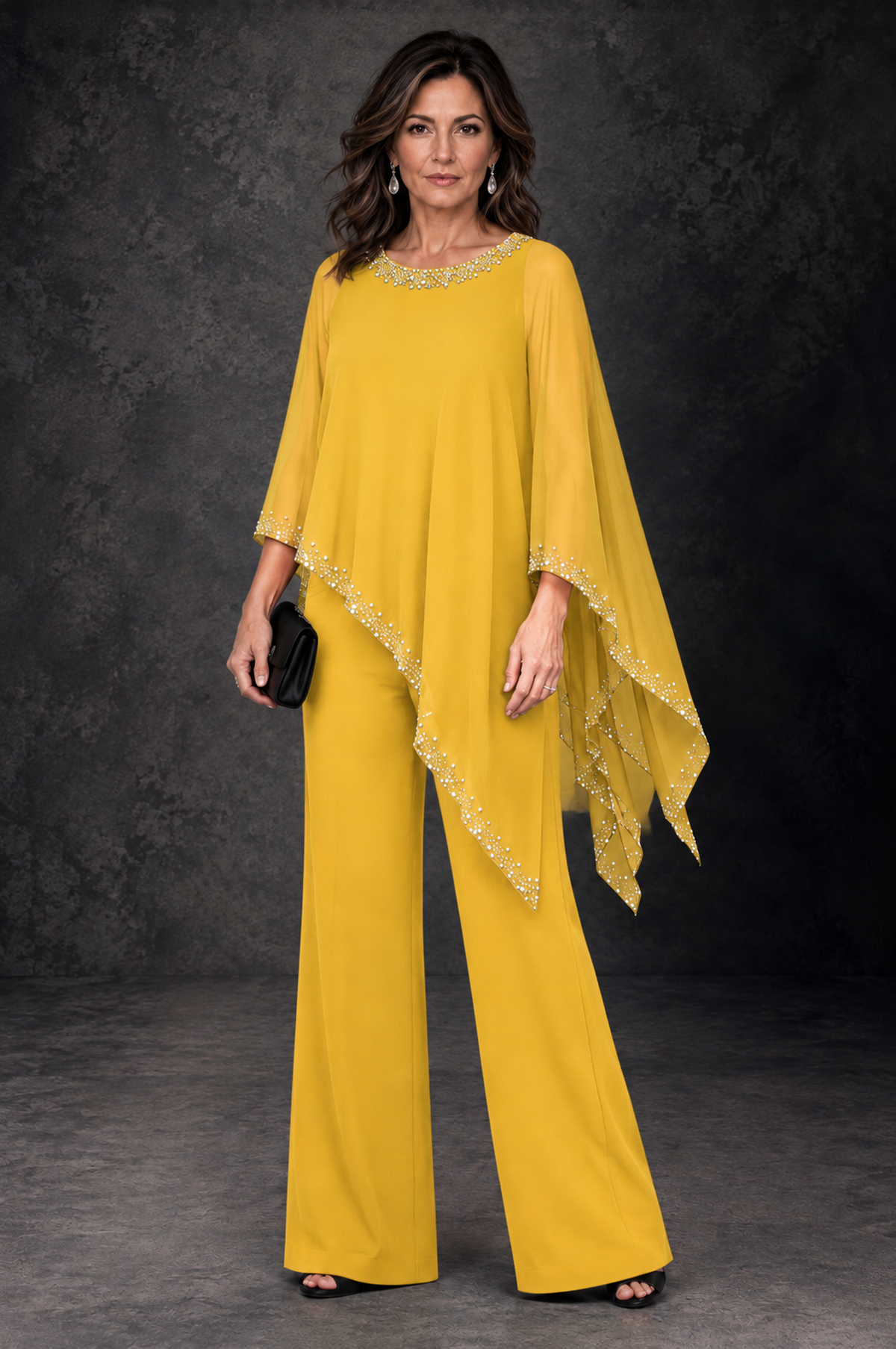 BOLODOO Mustard Yellow Embellished Cape Mother of the Bride Pantsuit - Mustard Yellow - Mustard_Yellow_1