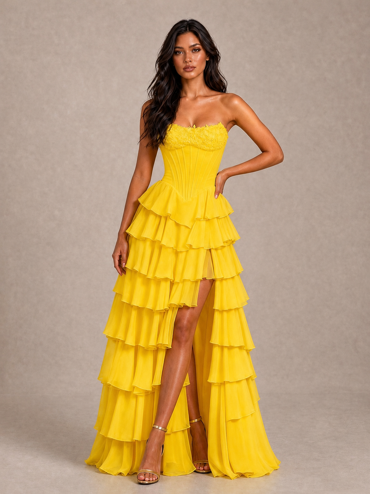 BOLODOO Mustard Yellow Strapless Corset Tiered Ruffle Prom Dress with High Slit - Mustard Yellow - Mustard Yellow_1