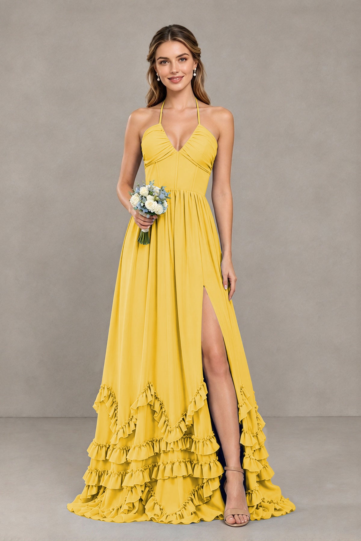 BOLODOO Mustard Yellow Halter Ruffle Hem A-Line Bridesmaid Dress with High Slit - Mustard Yellow - Mustard Yellow(1)