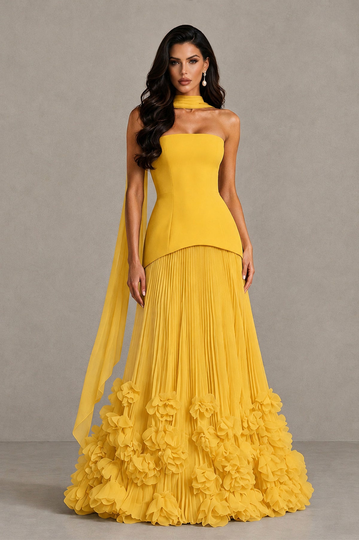 BOLODOO Mustard Yellow Strapless Pleated Floral Hem Evening Gown - Mustard Yellow - Mustard Yellow_1