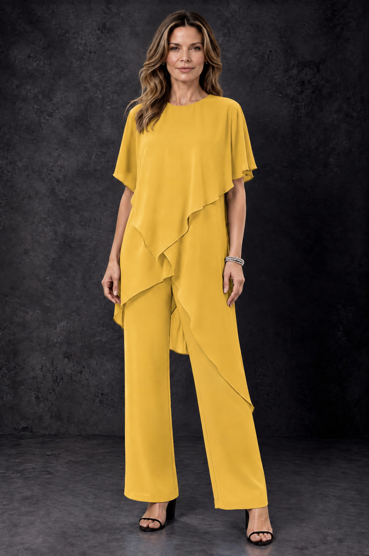 BOLODOO Mustard Yellow Chiffon Two Piece Mother of the Bride Pant Suit - Mustard Yellow - Mustard_Yellow_1