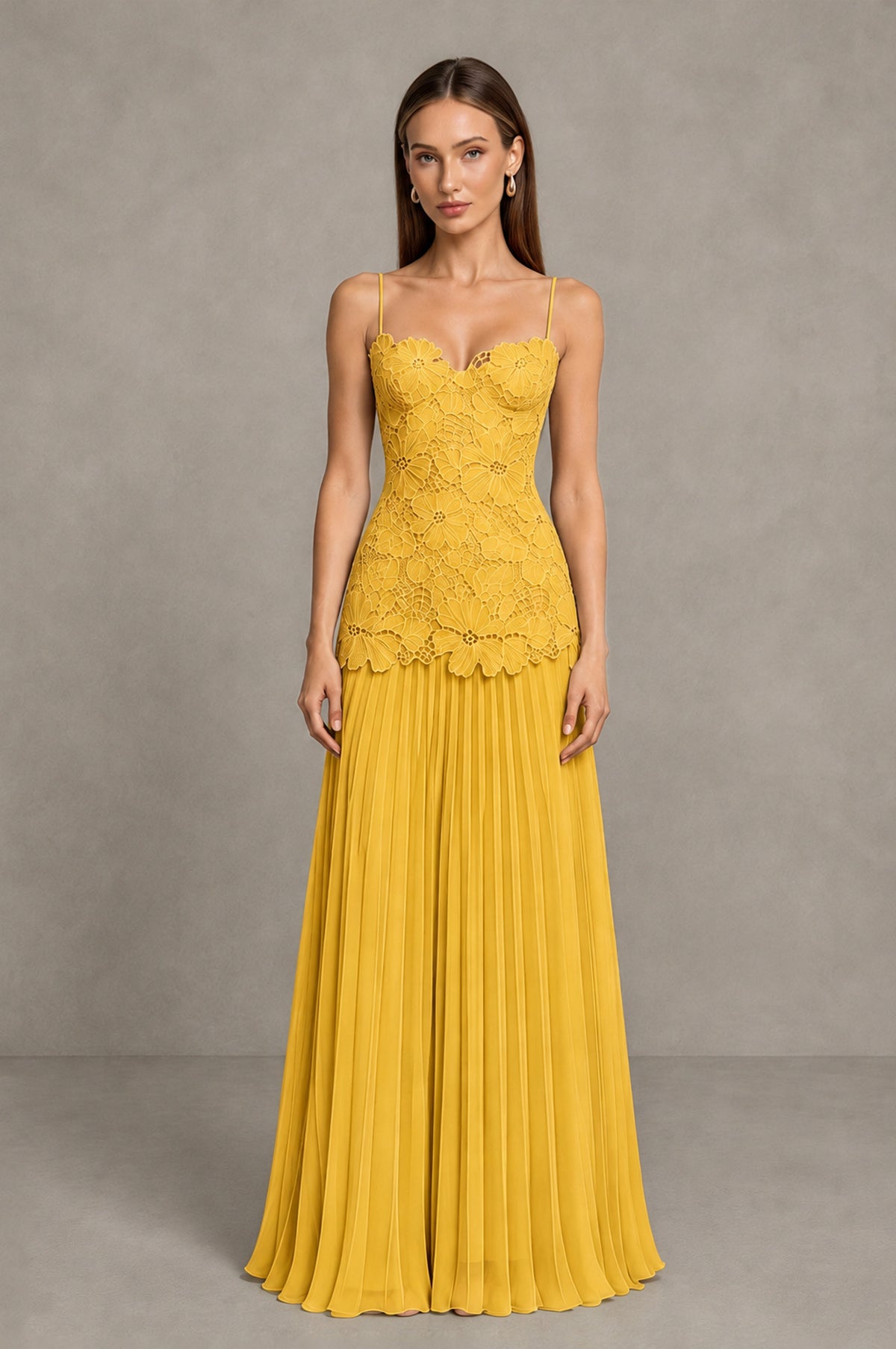BOLODOO Mustard Yellow Lace Bodice Pleated Wedding Guest Dress - Mustard Yellow - Mustard Yellow_1