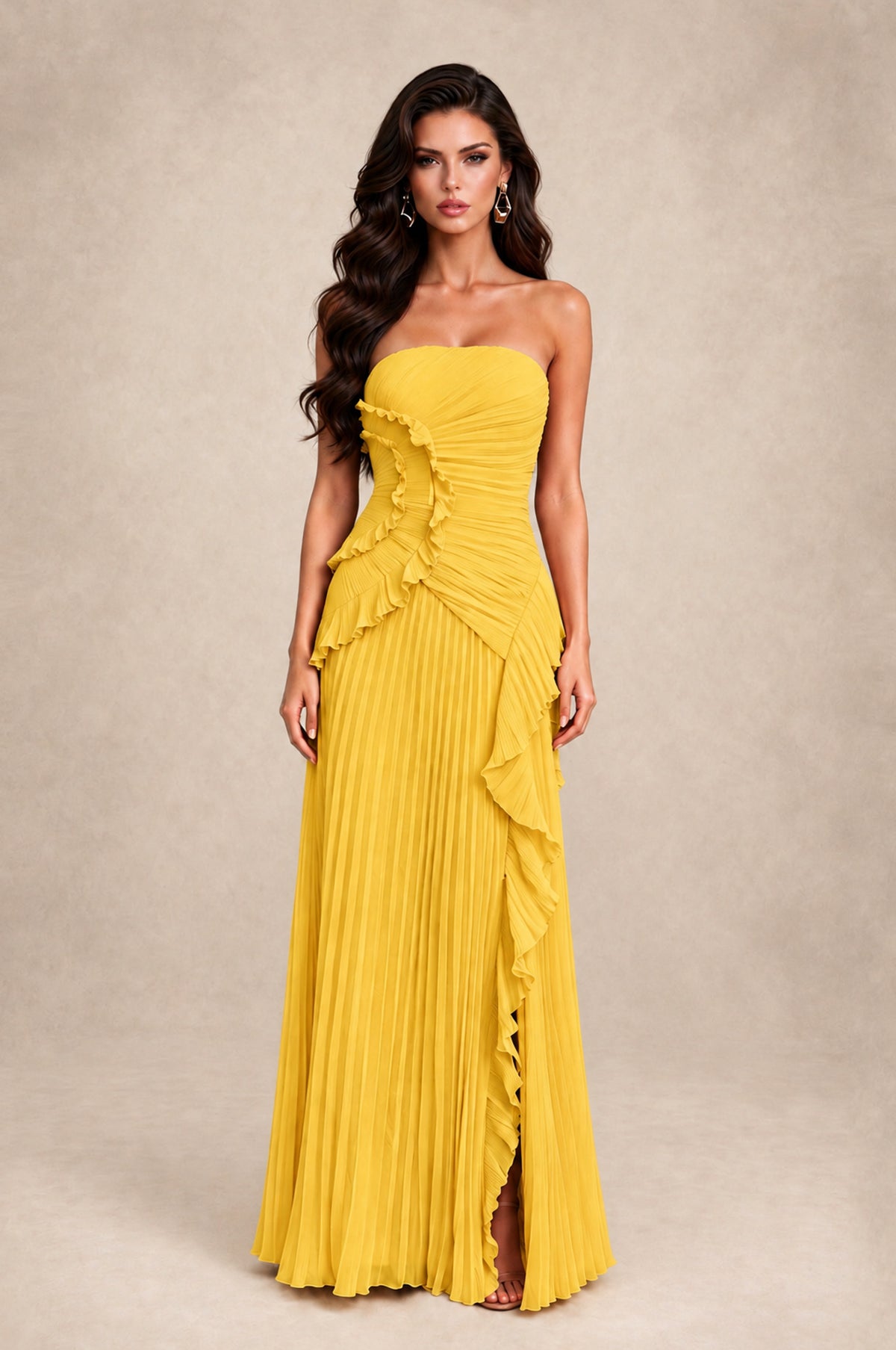 BOLODOO Mustard Yellow Strapless Ruffle Pleated Slit Evening Gown - Mustard Yellow - Mustard Yellow_1