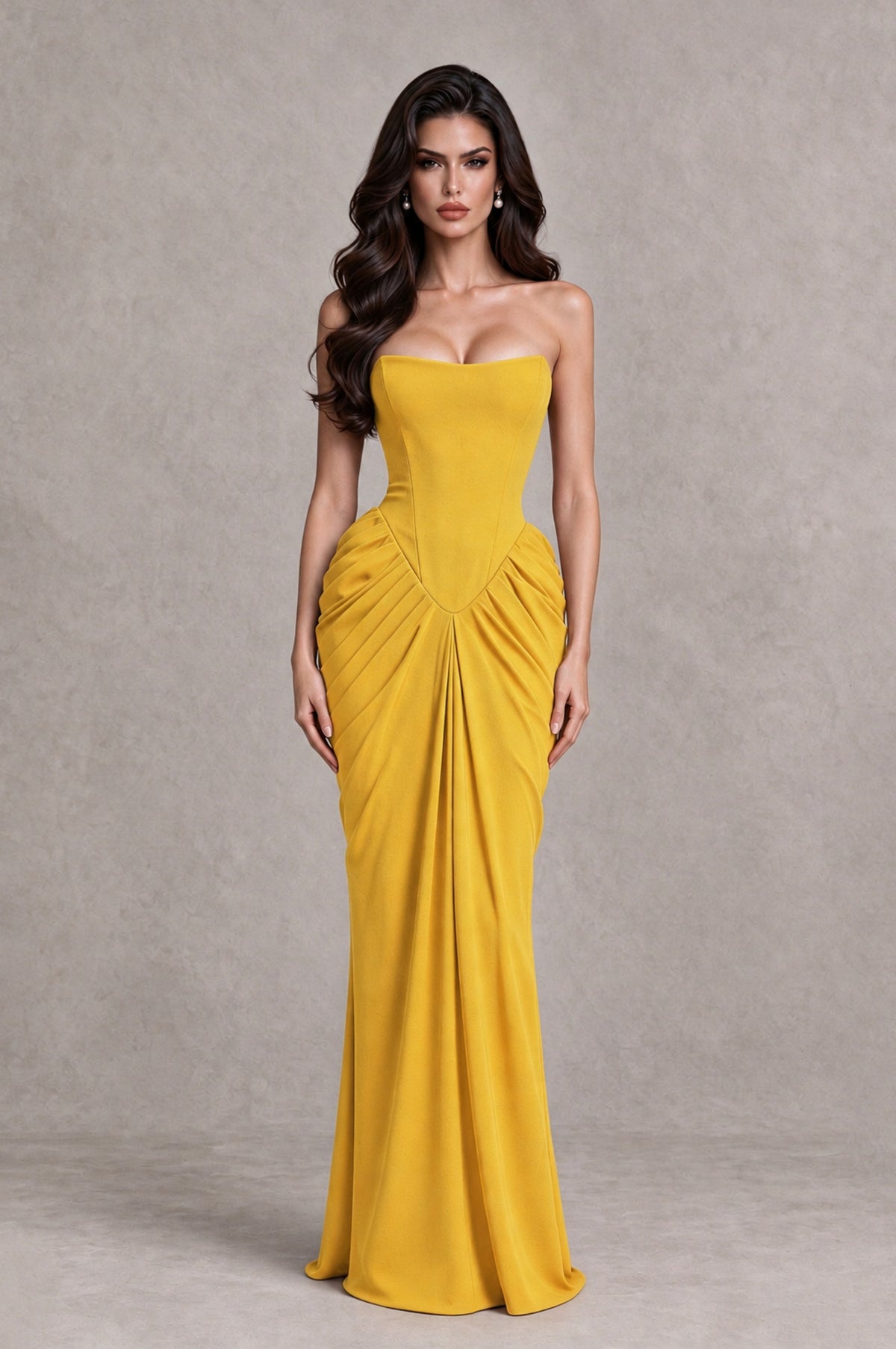 BOLODOO Mustard Yellow Strapless Ruched Corset Evening Gown - Mustard Yellow - Mustard Yellow_1